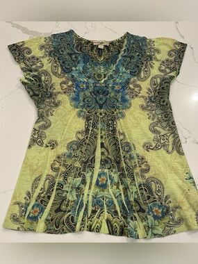Energe One World Green Paisley Floral Top Women XL Y2K Granola Forest Fairy Boho